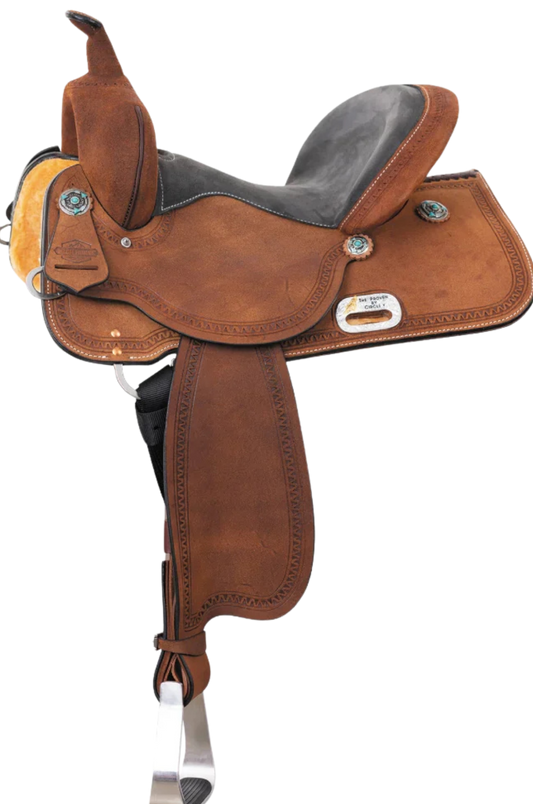 Brown leather saddle with black interior on a white background