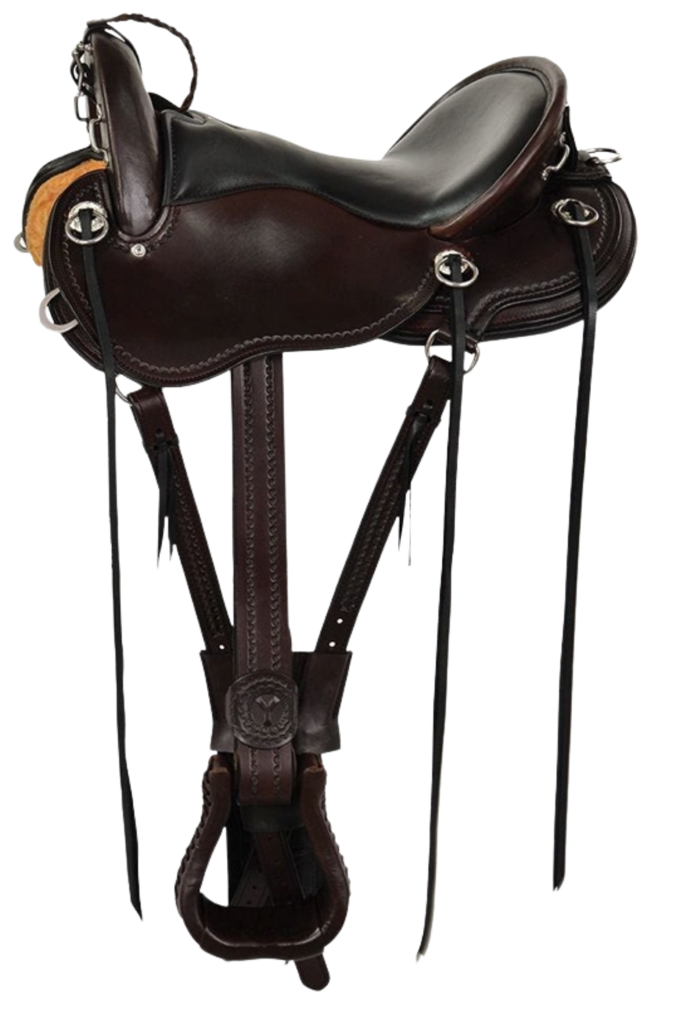 Brown leather horse saddle with bridle on a white background