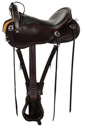 Brown leather horse saddle with bridle on a white background
