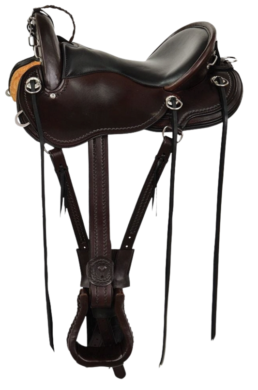 Brown leather horse saddle with bridle on a white background