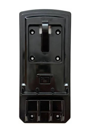 A black plastic bucket holder with a patented locking mechanism designed to secure water buckets to prevent spilling and tipping.