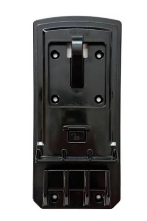 A black plastic bucket holder with a patented locking mechanism designed to secure water buckets to prevent spilling and tipping.