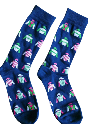A pair of blue socks with a pattern of multicolored jockey silks.