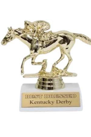A trophy featuring a gold racehorse and jockey with a 'Best Dressed Kentucky Derby' plaque on the base.