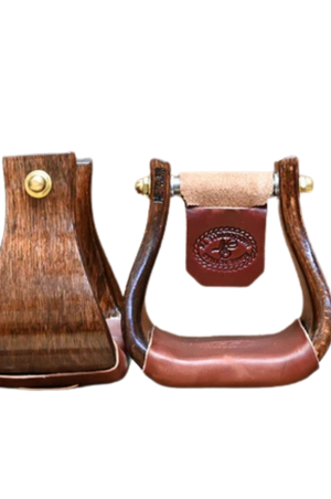 A pair of Nettles 2 flat bottom cherry stirrups, featuring a brown leather and wood design with a metal buckle.