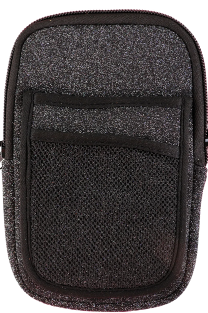 A black fabric tumbler pouch with a simply southern logo