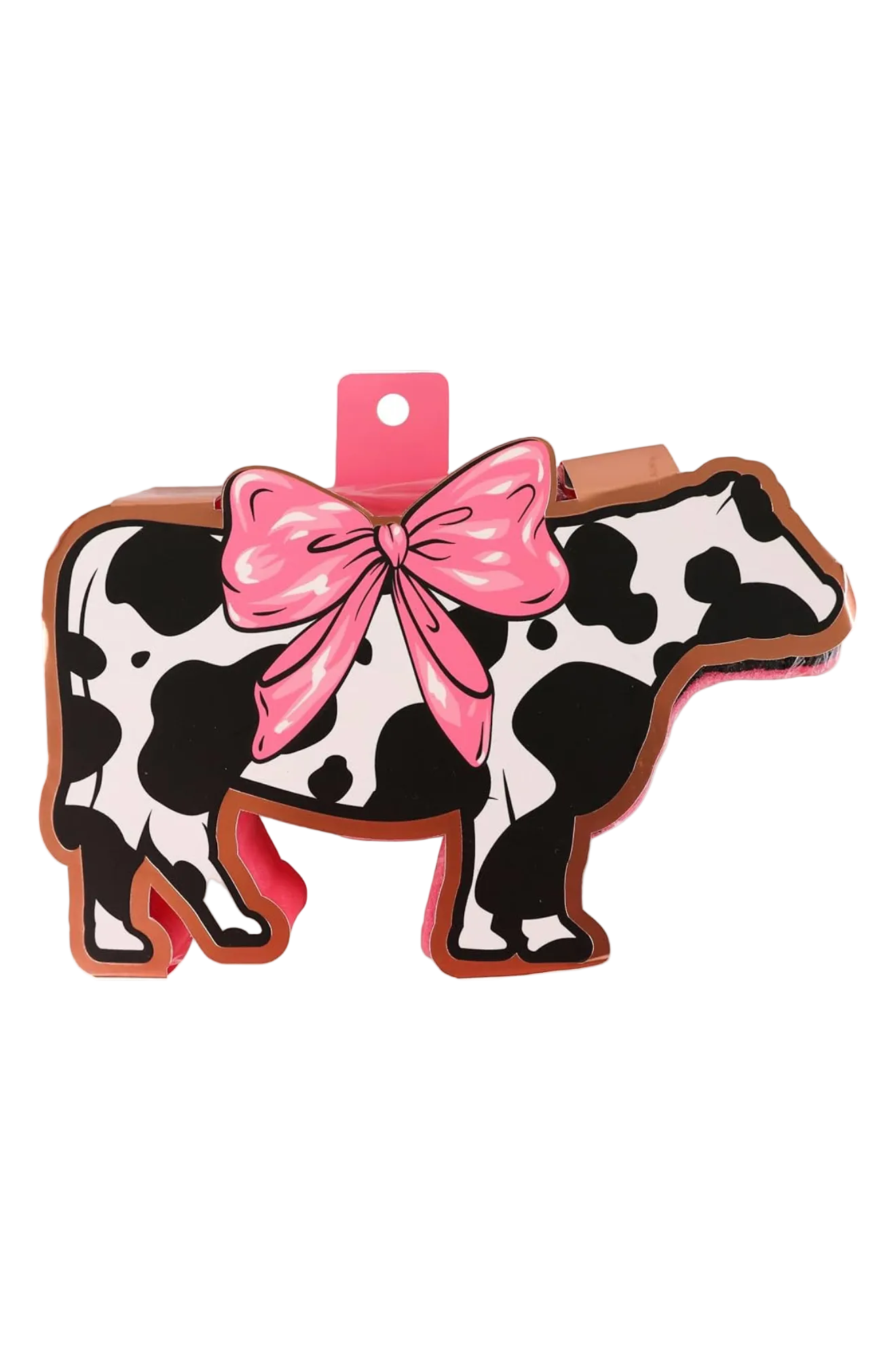 A bath sponge with a cow pattern and a pink bow.