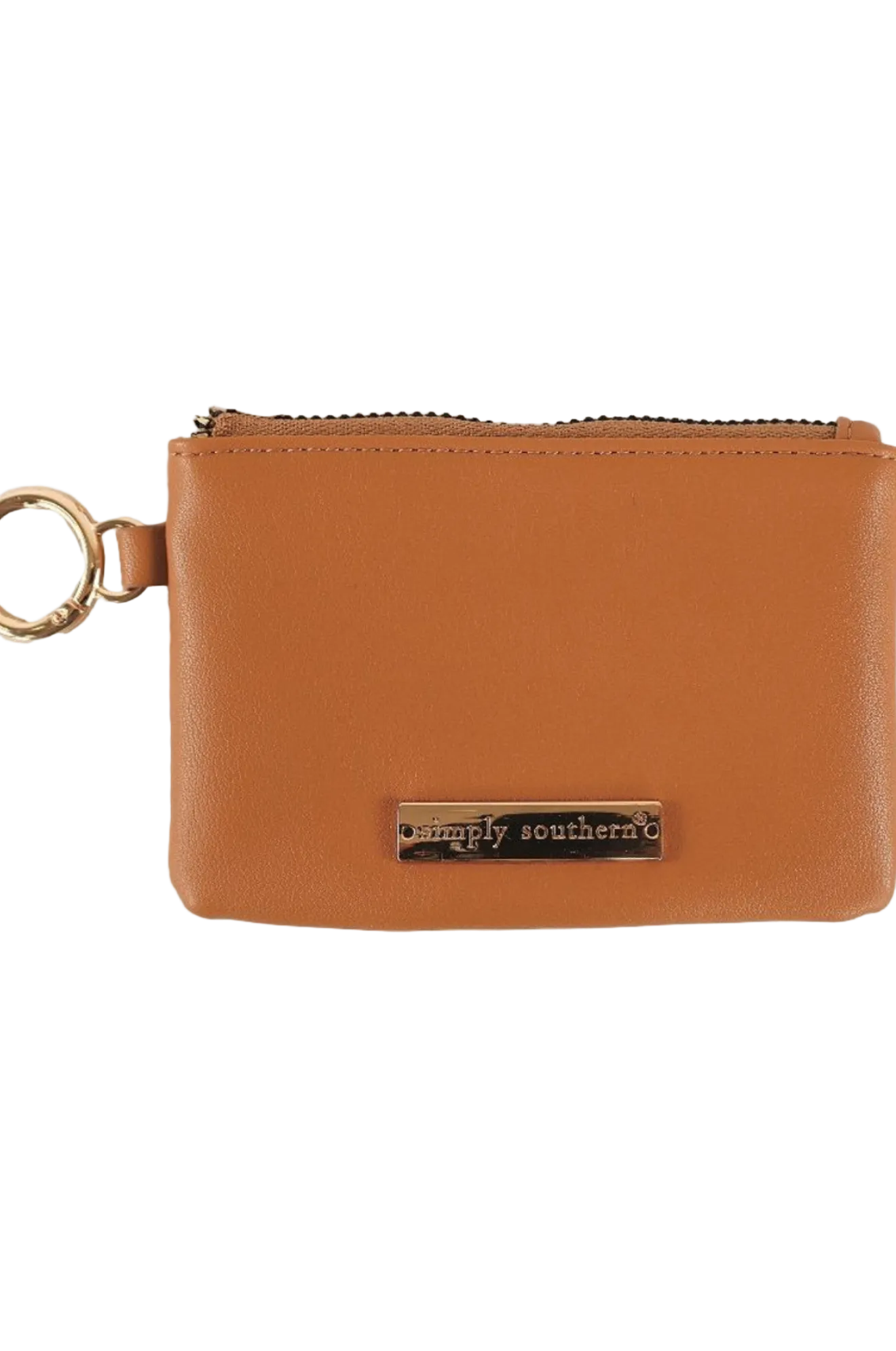 A brown faux leather coin purse with a zipper closure and a metal key ring attached.