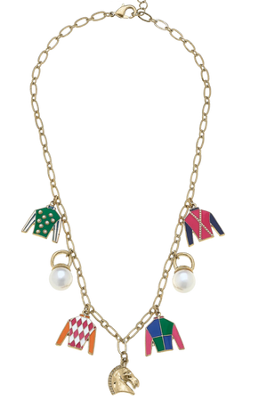 A gold-plated necklace with multicolored silk enamel charms, designed for equestrian enthusiasts.