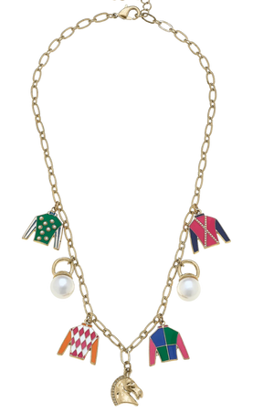A gold-plated necklace with multicolored silk enamel charms, designed for equestrian enthusiasts.