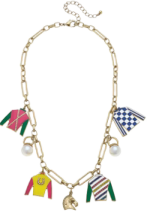 A gold-plated necklace with multiple colorful enamel charms designed to resemble jockey silks.