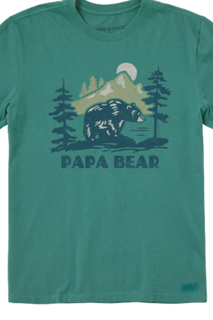 A green colored t-shirt with a graphic print of a bear and trees and the text 'PAPA BEAR'.