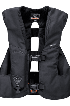 A black Hit-Air Original Lightweight SV3 vest with a YKK Vislon zipper, harness design, and airbag deployment system.