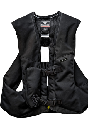 A black Hit-Air MLV3 Pro vest designed for equestrian safety with airbags, featuring a harness-style design and a front zipper.