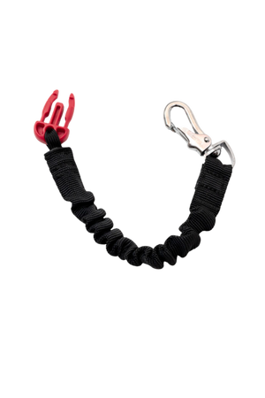 A black bungee clip lanyard with a quick connection clip on one end and a metal loop on the other.