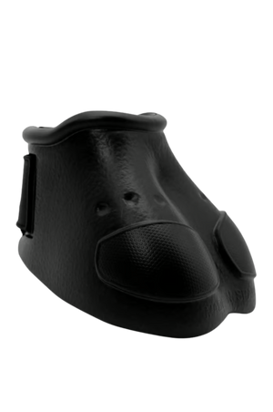 A black bell boot designed to protect a horse's hoof.