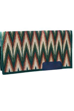 Woven patterned wallet with a blue flap on a white background