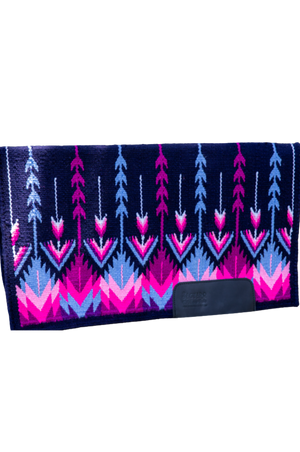 Felt patterned product with pink and blue design on a white background