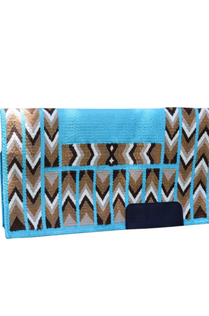 Patterned saddle pad with blue border on a white background