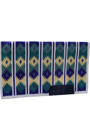 Patterned saddle pad with blue, green, and yellow design on a white background