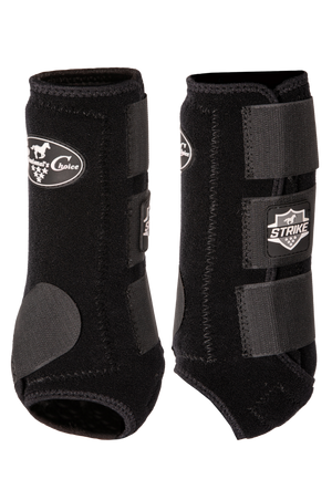 A pair of black front boots for horses, featuring a suspensory strap and velcro closure.