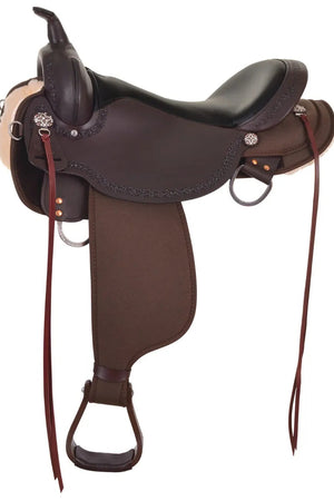 Brown leather horse saddle on a white background