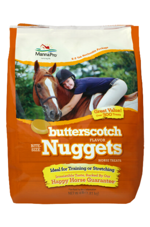A bag of Manna Pro bite-size nuggets horse treats with a picture of a woman and her horse on the packaging.