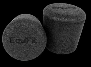 A pair of black silicone ear plugs with the brand name 'EQUIFIT' embossed on the top surface.