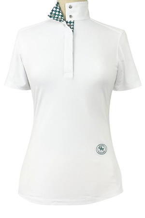 White polo shirt with a logo on a white background