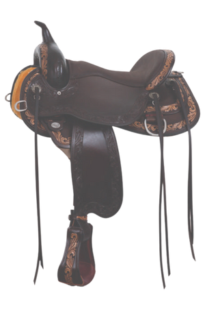 A brown GREENBRIER FLEX 2 TRAIL SADDLE with a close contact skirt shape, featuring a vintage finish and chocolate leather seat jockeys.