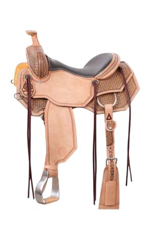 Tan leather horse saddle with brown leather cantle on a white background