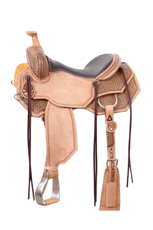 Tan leather horse saddle with brown leather cantle on a white background