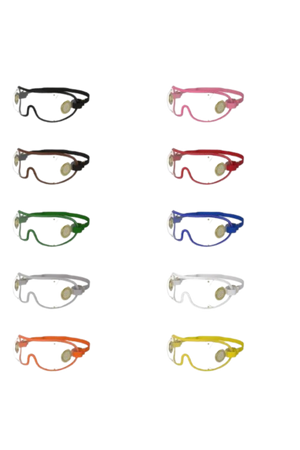 Set of safety goggles in various colors on a white background