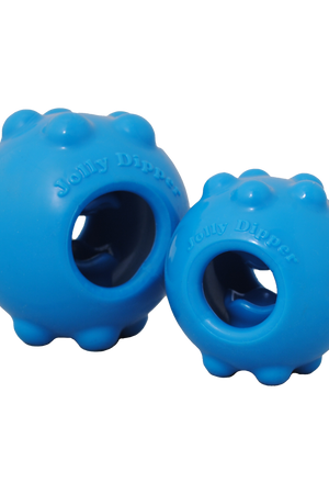 Two blue rubber dog toys with textured surface on a white background