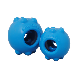 Two blue rubber dog toys with textured surface on a white background