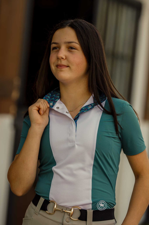 Ladies "Luna II" Forest Green with Golden Snaffle Short Sleeve Performance Show Shirt