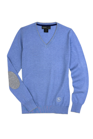 Blue sweater with elbow patches on a white background