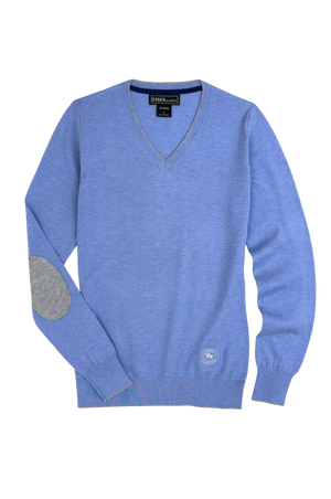 Blue sweater with elbow patches on a white background