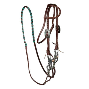 A brown pony bridle set with blue and silver accented reins.