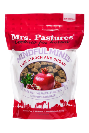 Bag of Mrs. Pastures Mindful Minis pet treats on a white background