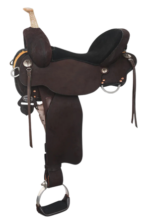 A brown leather saddle with cutout skirt, braided strings, and lightning bolt conchos, designed for barrel racing.
