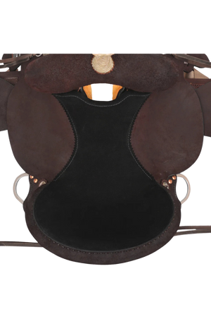 A brown leather saddle with cutout skirt, braided strings, and lightning bolt conchos, designed for barrel racing.