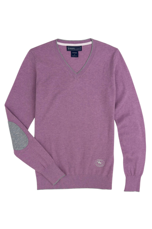Purple sweater with elbow patches on a white background