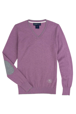 Purple sweater with elbow patches on a white background