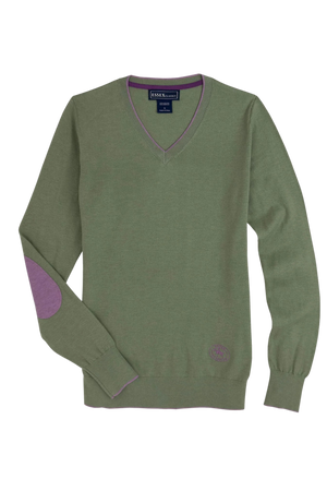 Green sweater with purple accents on a white background