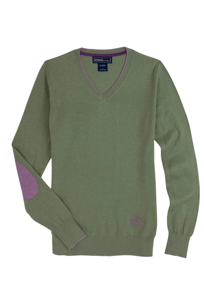 Green sweater with purple accents on a white background