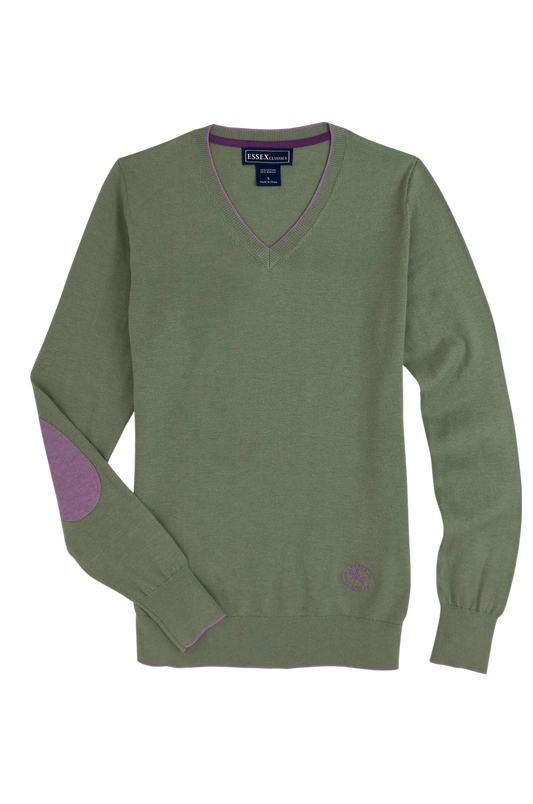 Green sweater with purple accents on a white background