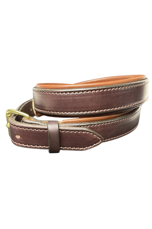 Brown leather belt with gold buckle on a white background