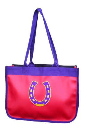 A red and blue paddock bag with a large yellow horseshoe logo on the front and purple straps.