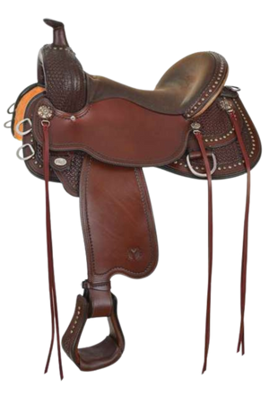 RENO FLEX2 TRAIL-SPOTS-1/2 SADDLE Brown leather saddle with decorative elements on a white background